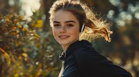 Young woman with flowing blonde hair smiling outdoors in golden sunlight, wearing black jacket. Natural backlit portrait with warm autumn colors and bokeh background.