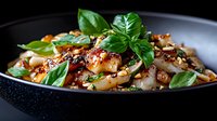 Asian stir-fried udon noodles with shrimp, fresh basil leaves, sesame seeds and teriyaki sauce served in black ceramic plate on dark background.