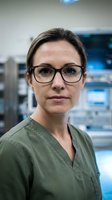Professional female doctor wearing glasses and green scrubs in modern hospital setting with medical equipment background for healthcare concepts.