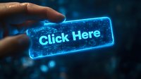 Glowing blue neon button with text 'Click Here' and human finger about to press it against dark background with bokeh effect. Digital interface concept.