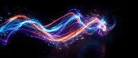 Dynamic flowing energy waves with vibrant blue, purple and orange light trails creating abstract motion patterns against dark background for digital art.