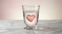 Pink heart floating in clear water glass on marble surface with soft romantic lighting for wellness and self-care concepts.
