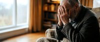 Depressed senior Caucasian man sitting alone in armchair covering face with hands showing grief, sadness and mental health struggles in cozy home interior.