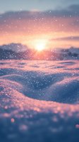 Magical winter sunset over snowy landscape with sparkling snow particles catching golden light, creating dreamy atmosphere against pink and purple sky.