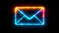 Glowing neon envelope icon with vibrant blue and orange light effects on dark background, sparkling particles create modern digital communication symbol.