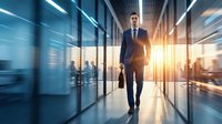 Confident businessman walking through modern office corridor with briefcase during golden hour, motion blur effect creating dynamic corporate atmosphere.