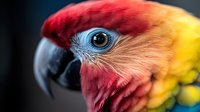 Vibrant scarlet macaw parrot head close-up showing colorful red yellow feathers, bright blue eye and curved black beak against dark background for wildlife photography.
