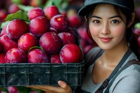 Young Asian female farmer holding fresh harvested red plums in plastic crate at orchard. Close-up portrait shows genuine smile and professional agricultural work attire.