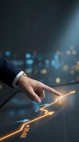 Businessman hand touching glowing upward arrow chart showing financial growth and success with city lights bokeh background for business presentations.