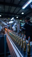 Ammunition bullets lined up on industrial conveyor belt in manufacturing facility with worker operating machinery in blurred background.