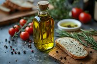 Glass bottle of extra virgin olive oil with fresh bread slice, cherry tomatoes, rosemary herbs and peppercorns on dark background, Mediterranean cuisine.