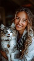 Young woman with blonde hair and freckles in white medical coat holding fluffy cat with blue eyes. Warm atmospheric portrait for veterinary services.