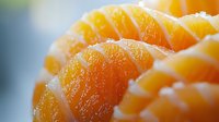 Fresh juicy orange mandarin segments in macro view showing detailed pulp texture and natural citrus flesh patterns with soft focus background.