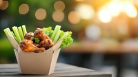 Spicy chicken wings served in takeout box with fresh celery sticks and lettuce garnish against blurred bokeh background, restaurant setting.