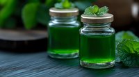 Glass jars filled with bright green mint syrup or extract on dark wooden surface, garnished with fresh mint leaves, selective focus for food photography.