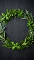 Fresh herb wreath with basil, mint, rosemary and ferns arranged in circle on dark wooden background for culinary and natural cooking concepts.