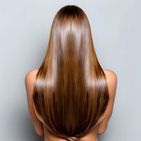 Long straight brown hair from back view on light background, showing healthy shiny smooth texture and professional hair care treatment results.