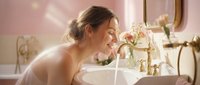 Young woman with light skin tone and brown hair, smiling while washing her face at a bathroom sink with fresh flowers and skincare products nearby, representing morning routine and personal hygiene.