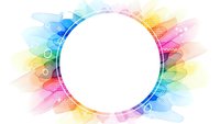 Colorful abstract watercolor splash frame with white circle space for text, rainbow gradient background with geometric elements and bubbles for creative design.