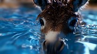 Close up view of moose nose and eyes emerging from blue rippling water surface, creating dramatic wildlife photography effect in natural habitat.