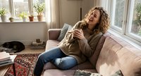Young Caucasian woman with curly hair laughing while sitting on cozy sofa at home, wearing casual sweater and jeans in bright living room with natural light.