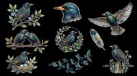 Iridescent starling bird clipart set isolated on transparent background, featuring perched, flying, and nesting poses with floral elements, for stickers, t-shirt design, and print on demand.