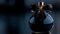 Elegant black perfume bottle with golden cap and decorative bow on dark background for luxury cosmetics and fragrance advertising campaigns.