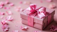Pink gift box with satin bow and scattered rose petals on soft pink background, romantic holiday celebration setup for Valentine's day or wedding present.