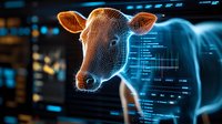 Digital wireframe cow head with glowing orange outline against futuristic interface background showing data analytics and agricultural technology monitoring system.
