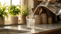 Water pouring into glass on kitchen counter with potted plants and sunlight, suitable for wellness, hydration, and healthy lifestyle content.