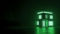 Modern house with glowing green neon lights on dark background. Contemporary architecture with illuminated windows and futuristic lighting design.