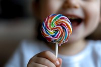 Colorful spiral lollipop held by small child's hand against blurred background, showing rainbow swirled pattern of blue, red, yellow and green candy on white stick.