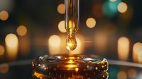 Glowing vintage light bulb with golden filament suspended over glass surface creating reflections against blurred bokeh background in warm amber tones.