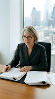 Professional mature Caucasian businesswoman in dark suit reviewing documents at office desk with city skyline view through window for corporate meetings.