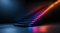 Glowing neon staircase with gradient lighting from blue to pink and orange creates dramatic atmosphere in dark space, modern futuristic design concept.