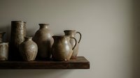 Rustic clay pottery vessels and jugs arranged on wooden shelf against neutral wall, showcasing traditional ceramic craftsmanship and earthy home decor styling.