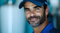 Smiling middle-aged Caucasian male worker in blue uniform and cap with beard looking confident and friendly in professional workplace setting.