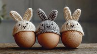 Fresh brown eggs wearing cute knitted bunny hats arranged in row on rustic wooden surface, creative Easter decoration concept for seasonal celebrations.