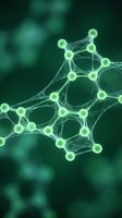 Green molecular network structure with glowing nodes and connections on dark background for scientific research and biotechnology presentations.