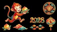 Festive Chinese New Year monkey zodiac set for 2028, isolated on transparent background, ready for stickers, sublimation, t-shirt design, and print on demand.