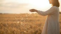Young woman in white dress releasing flower petals into golden sunset light over wheat field creating magical moment of freedom and connection with nature.