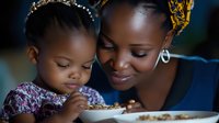 African American mother and young daughter sharing meal together at dining table, bonding over food in warm family kitchen setting.