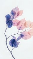 Translucent botanical branch with delicate blue and pink leaves isolated on white background, suitable for design, wallpaper, and print projects.