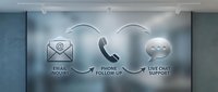 Glossy glass panel with email, phone, and live chat icons showing customer support communication flow in a modern office setting.