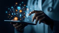 Digital transformation concept with hands holding tablet device showing glowing network connections and technology icons in dark blue atmosphere.