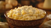 Creamy macaroni and cheese served in ornate brown ceramic bowl, rich cheese sauce coating tender pasta, comfort food photographed in warm lighting.