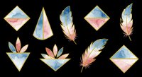 Watercolor feathers and geometric shapes with gold accents, isolated on transparent background. Ready for t-shirt designs, clipart, stickers, sublimation, print-on-demand products, and digital crafts.