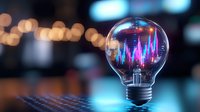 Glowing stock market chart inside light bulb with blue and pink neon colors against blurred bokeh background, creative financial concept for trading analysis.