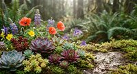 Vibrant garden with succulents, poppies, lupines, and wildflowers on mossy ground in a misty forest during gentle rain.