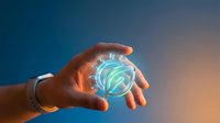 Businessman hands holding glowing digital sphere with futuristic holographic interface technology concept for innovation and data visualization.